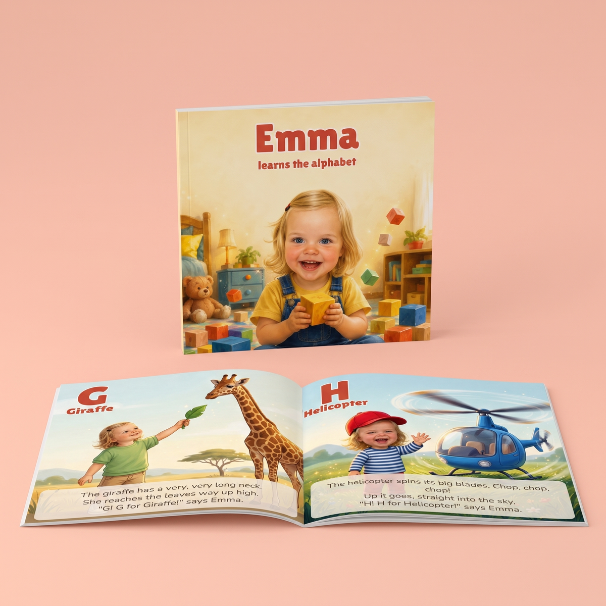 Personalized alphabet book, cover and open spread, English edition