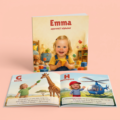 Livre alphabet personnalisé, couverture et double page, édition française