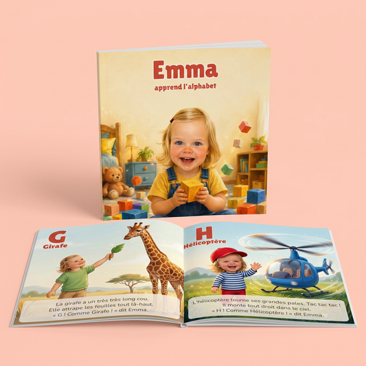 Livre alphabet personnalisé, couverture et double page, édition française
