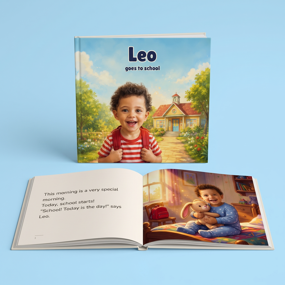 Personalized back-to-school book, cover and open spread, English edition