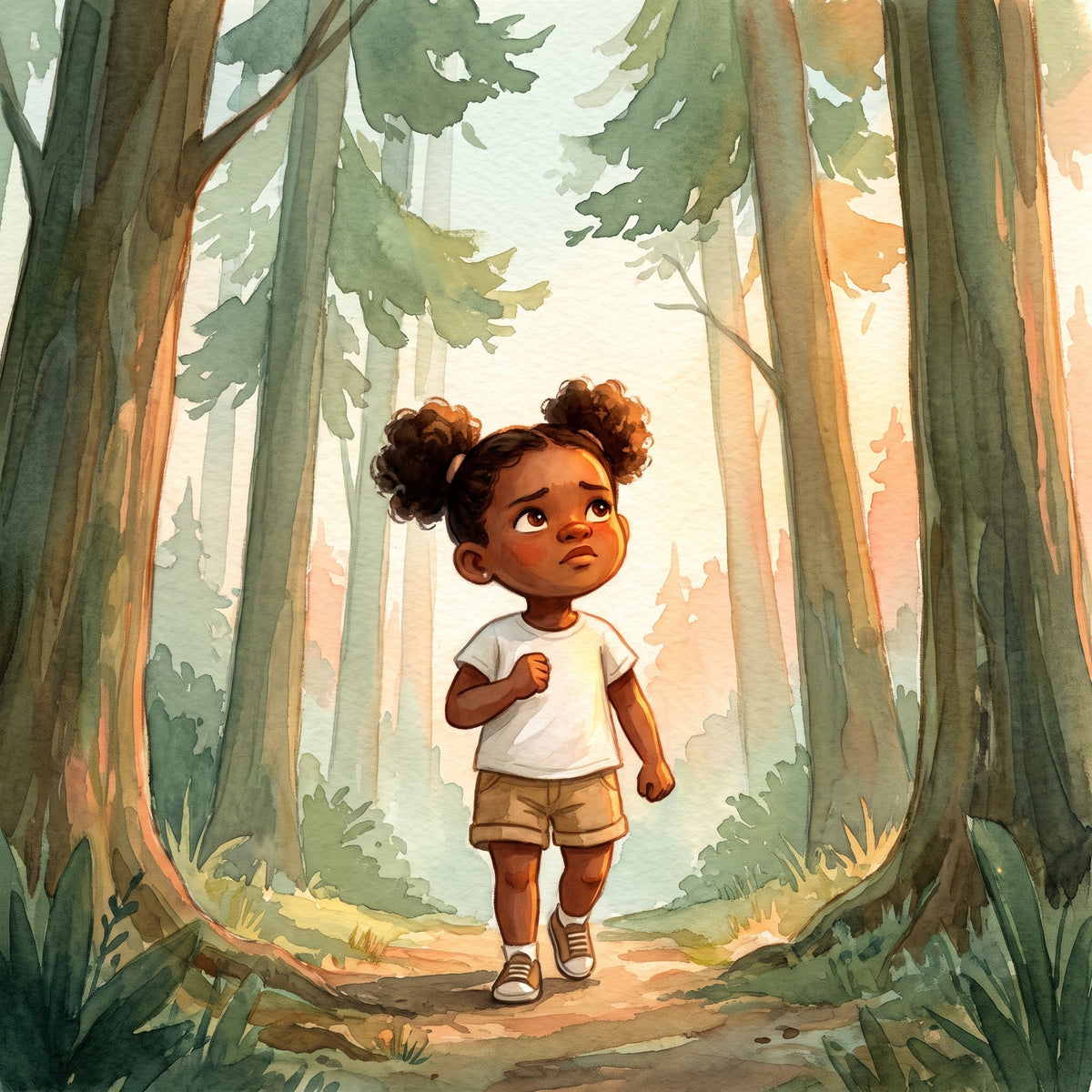 Watercolour illustration of a brave child stepping onto a forest path