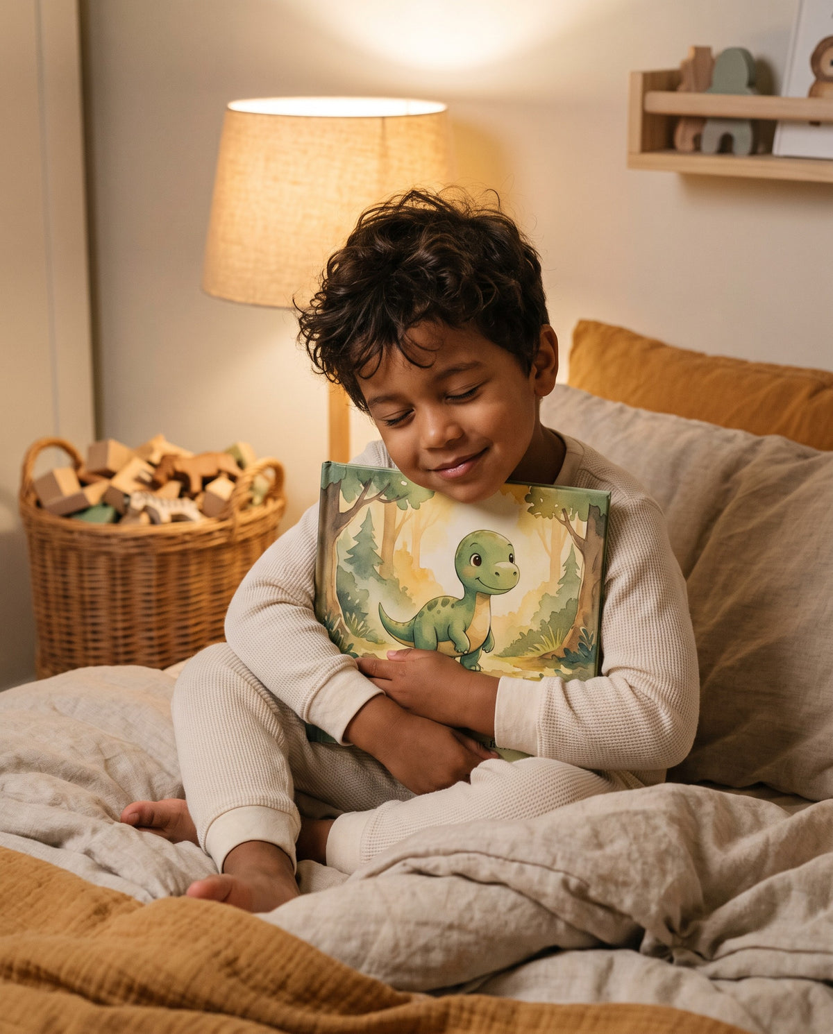 A child in pyjamas hugging his personalized Mionne book at bedtime