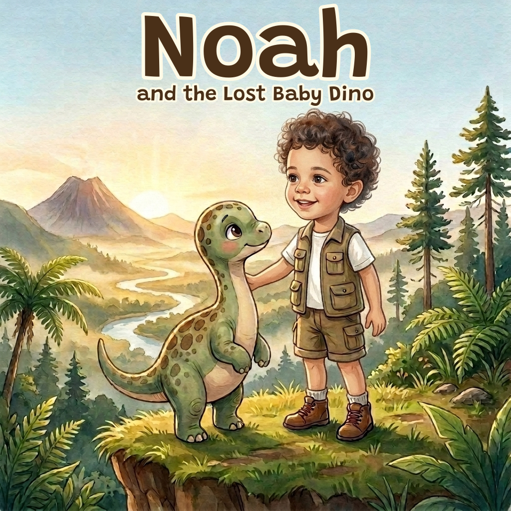 Personalized book cover: a child explorer meets the lost baby dino, watercolour illustration