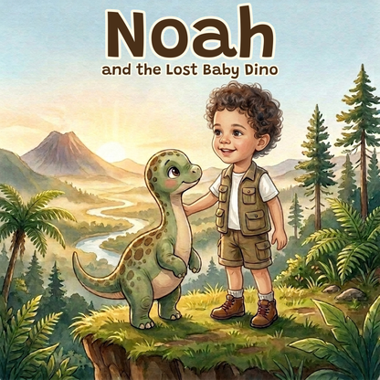 Personalized book cover: a child explorer meets the lost baby dino, watercolour illustration