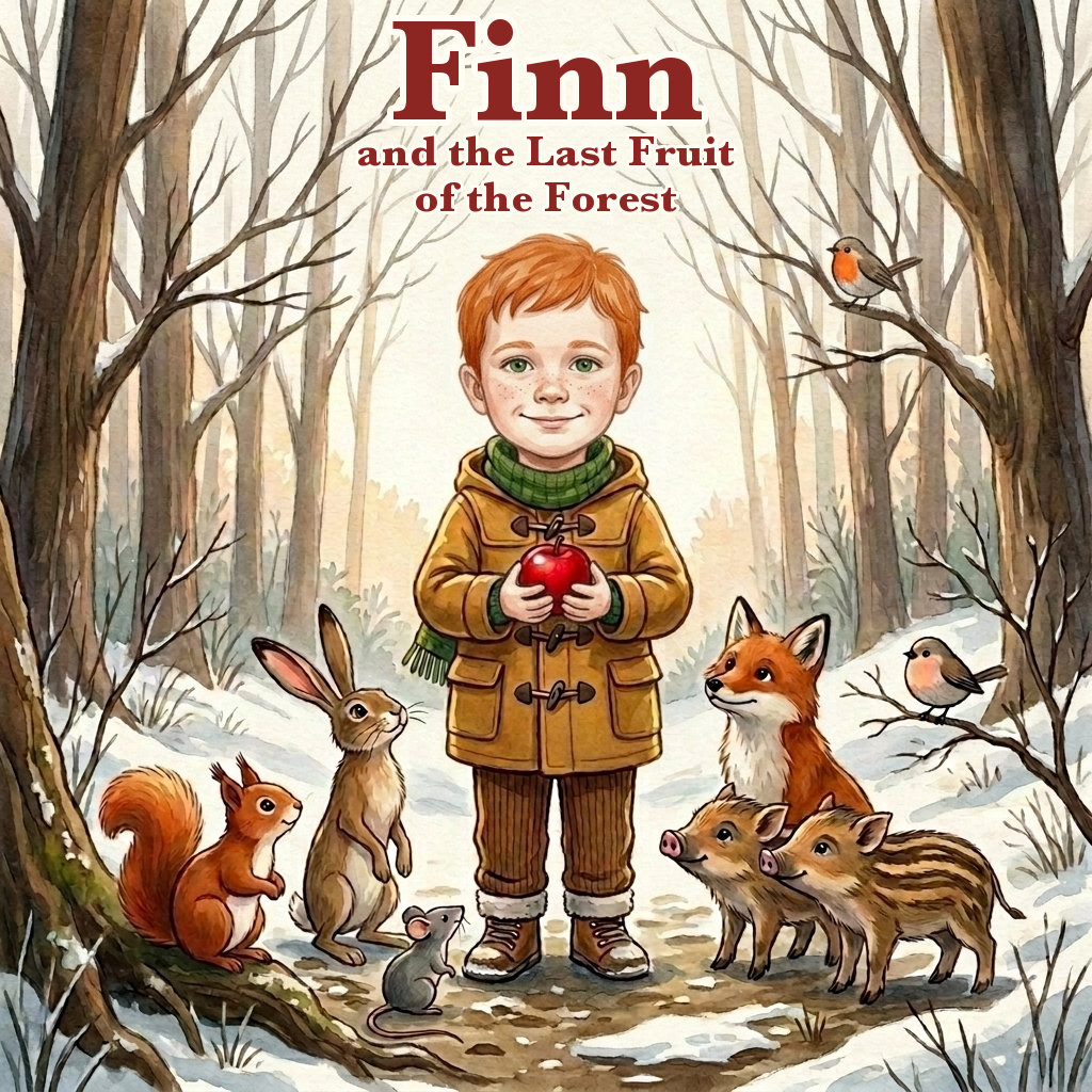 Personalized book cover: a child holds the last red fruit surrounded by forest animals in winter, watercolour illustration