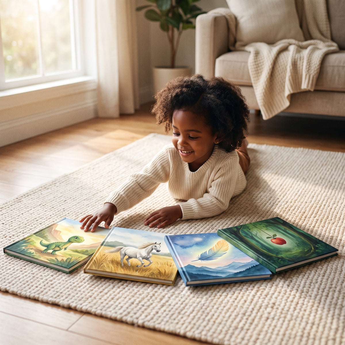 A child choosing between four Mionne personalized picture books on a rug