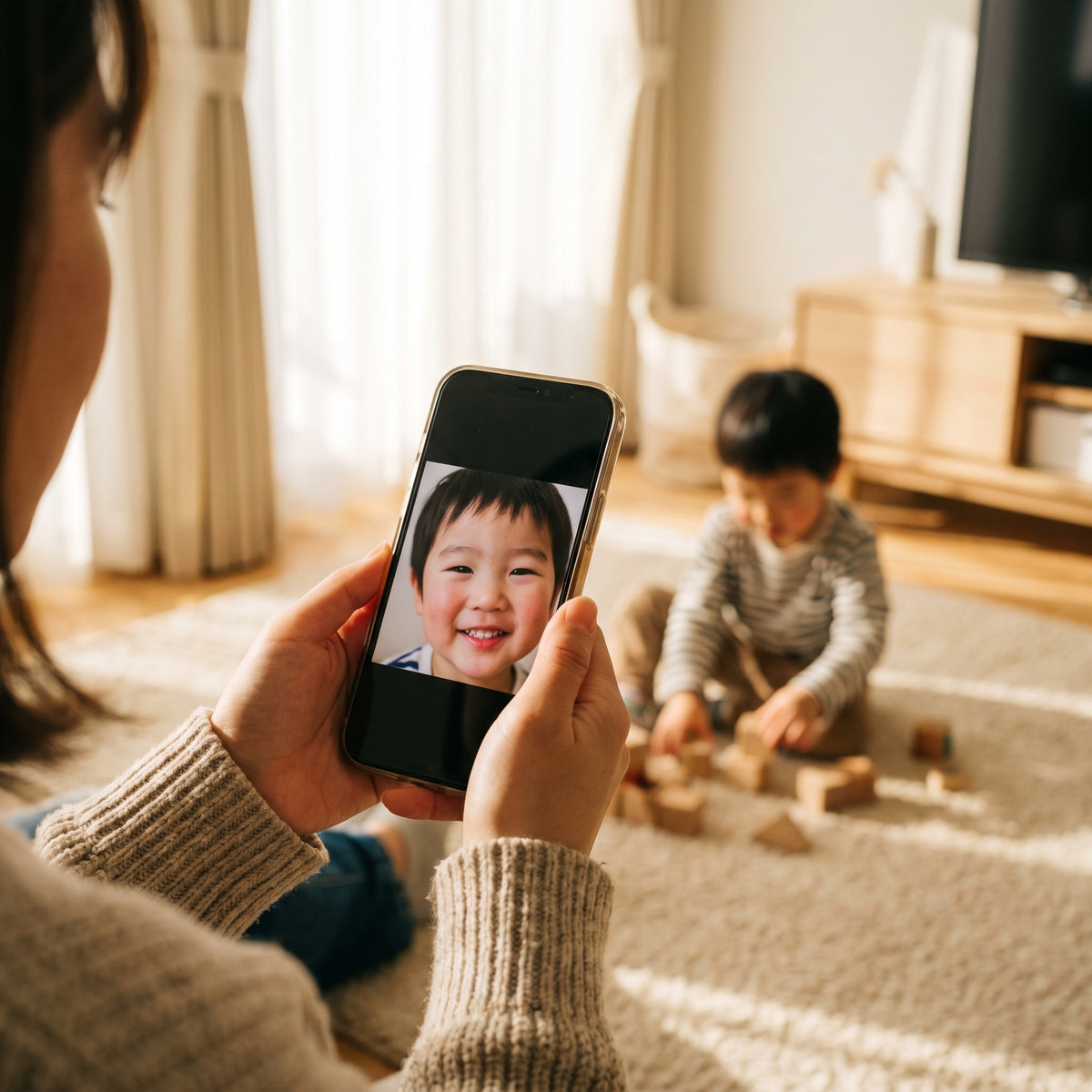 A parent holding a phone showing a photo of their child, ready to personalize the book
