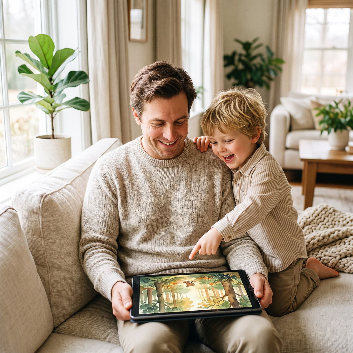 A father and son approving the free preview of their personalized book on a tablet